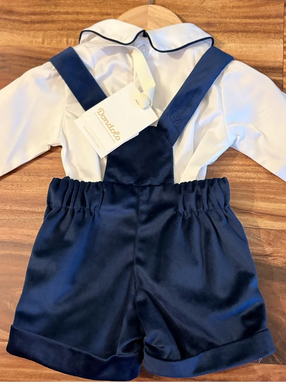 NWT Dondolo Baby Boys Christopher Blue Velvet Overall Set 6 Months 2 Pce Romper